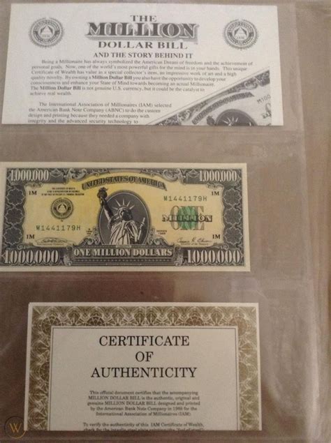 Authentic 1988 Iam One 1 Million Dollar Bill With Authenticity