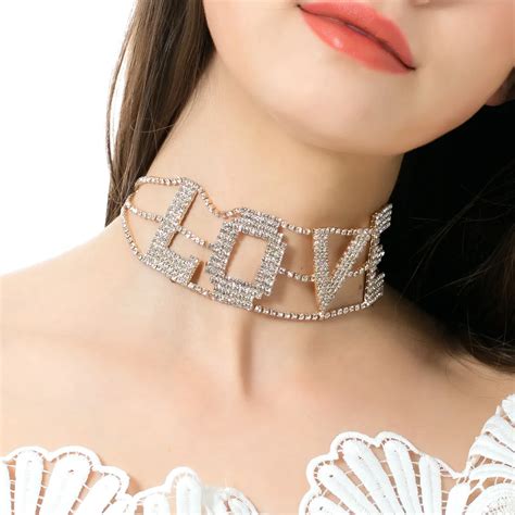 Luxury Rhinestone Crystal Sexy Necklaces For Women Love Letter Necklace Silver Gold Wide Choker