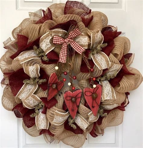 Country Burlap Valentines Day Deco Mesh Wreath With Rustic Etsy In