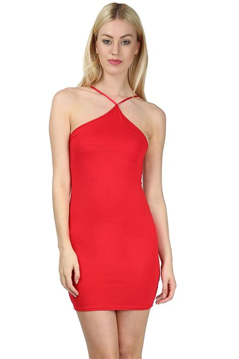 Womens Ladies V Shape Halter Neck Jersey Strappy Tunic Fitted Bodycon Mini Dress Ebay