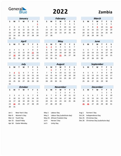 2022 Zambia Calendar With Holidays