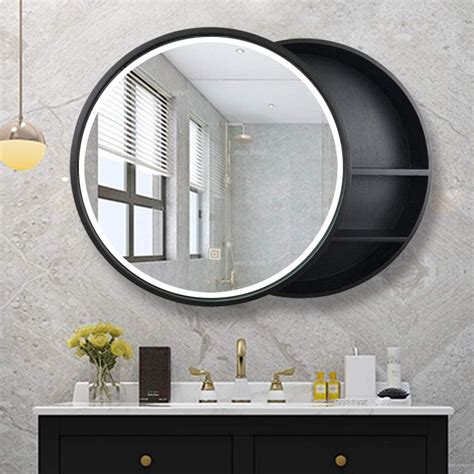 Landed Illuminated Bathroom Mirror Cabinet Solid Wood Led Storage Mirror Wall Mounted Round