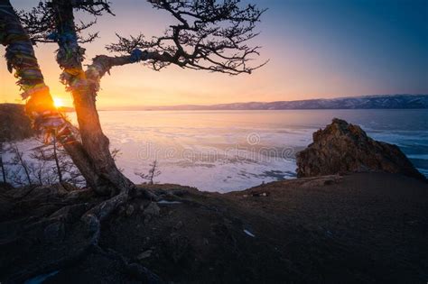 Beautiful Sunset At Baikal Frozen Lake In Winter Season Olkhon Island