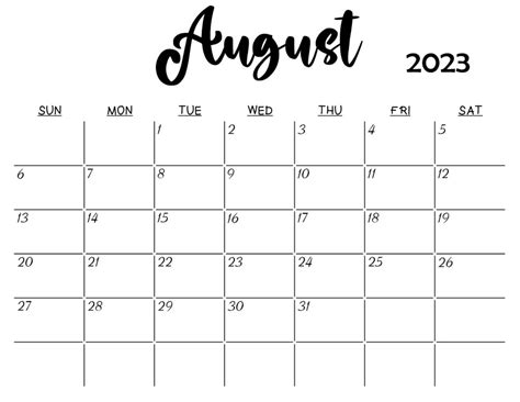 Free August 2023 Calendar Printable Template
