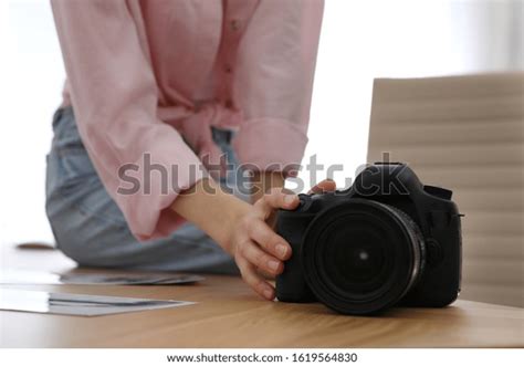 Professional Photographer Camera Working Office Closeup Stock Photo