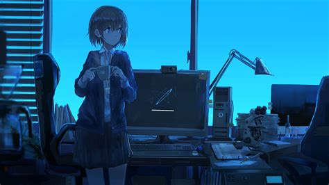 short haired female anime character computer office cup lamp hd wallpaper wallpaper flare