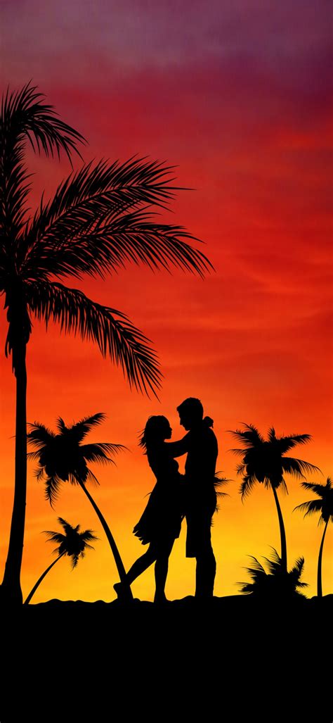 Couple 4k Wallpaper Palm Trees Orange Sky Sunset