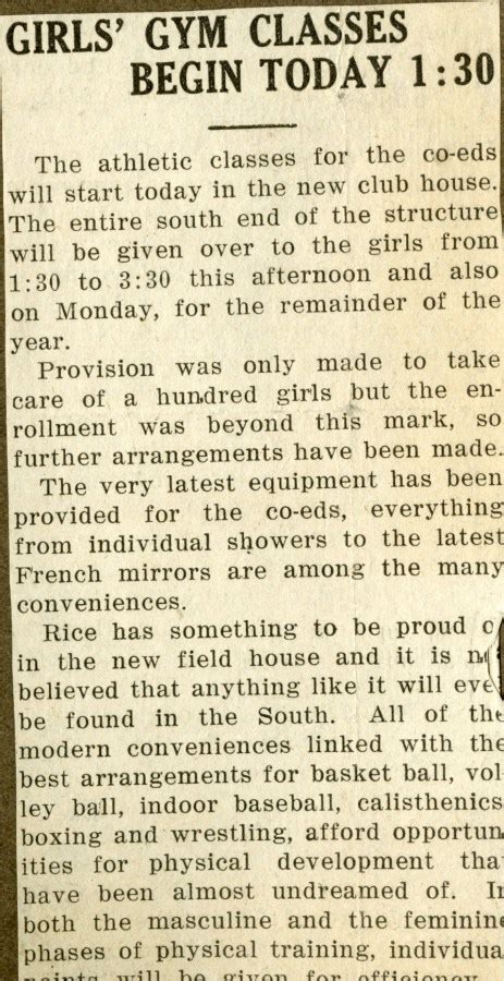 Girl’s Gym Classes 1921 Rice History Corner