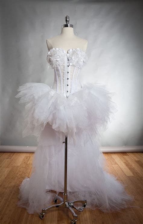 White Lace And Tulle Burlesque Corset Dress High Low Long Train