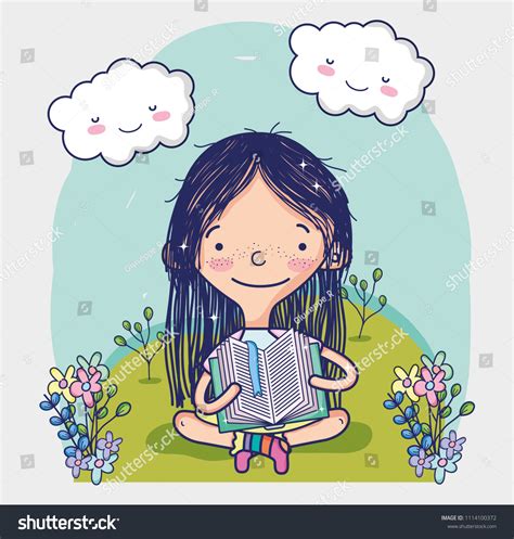 cute girl reading book cartoon stock vector royalty free 1114100372