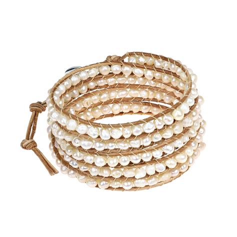 Trendy Gemstone And Crystal Nude Leather Five Wrap Bracelet