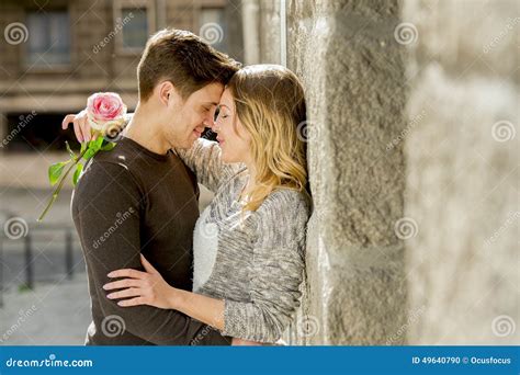 Beautiful Couple In Love Kissing On Street Alley Celebrating Valentines