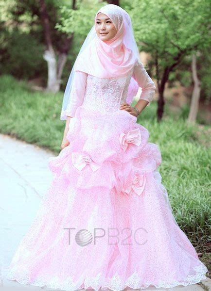 Pink Lace A Line 3 4 Sleeves Floor Length Muslim Wedding Dress Free Shipping Muslim Pernikahan