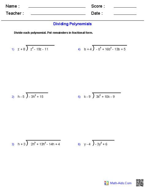 Polynomial Multiplication And Division Worksheet