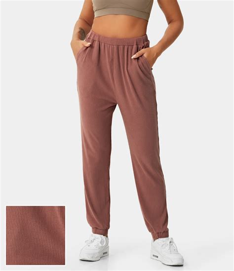Womens High Waisted Elastic Waistband Side Pocket Ribbed Sweatpants