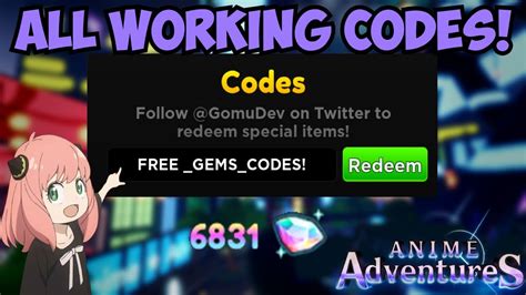 💎 1100 Gems All Working Codes For Anime Adventures 💎 Roblox Youtube