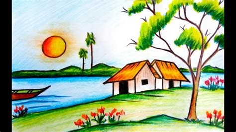 How To Draw A Beautiful Village Scenery Step By Step With Water Colour