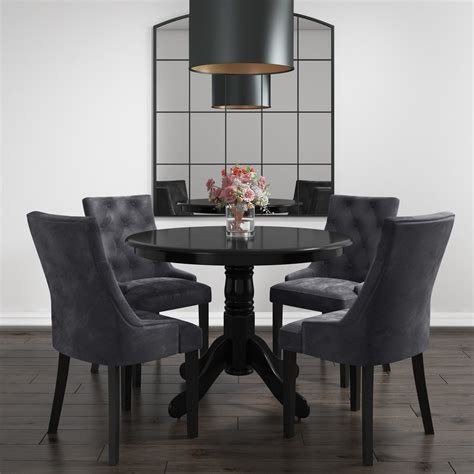 Rhode Island Round Dining Table With 4 Grey Velvet Chairs Bunrhd010bk