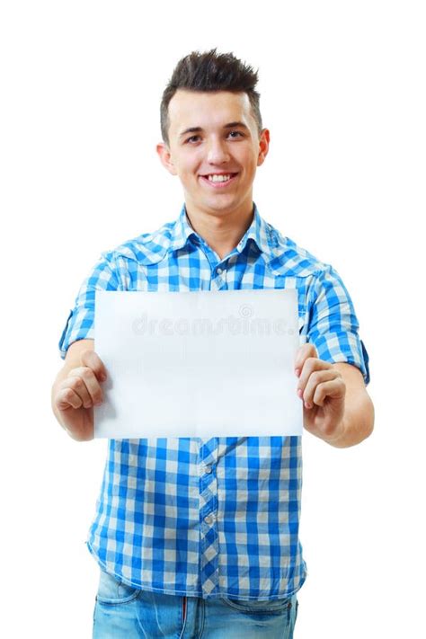 Satisfied Young Beautiful Man Holding Showing Blank Card Stock Photos