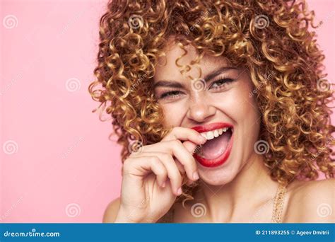 Attractive Woman Close Up Of Curly Hair Laughing Wide Open Mouth Stock Image Image Of