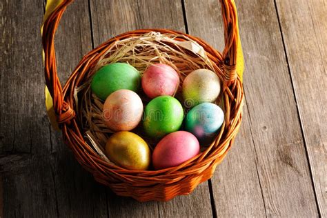 Colored Easter Eggs In Basket Stock Photo Image Of Spring Gold 29218586