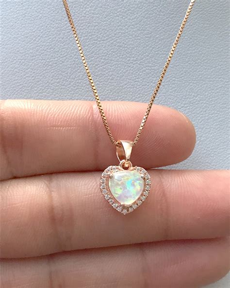 Rose Gold Opal Heart Necklace Heart Charm Pendant October Birthstone