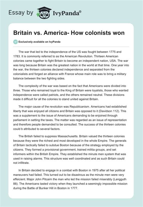 Britain Vs America How Colonists Won 610 Words Assessment Example