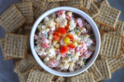 1 red pepper 2 jalapenos (unseeded) 1 can of corn 1/2 can diced olives 16 oz cream cheese (softened). Skinny Poolside Dip aka COLLEGE GAMEDAY Dip! | A Bountiful ...