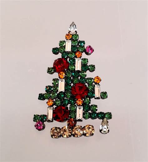 Christmas Tree Pin 6 Candle Rhinestone Xmas Brooch Signed Etsy