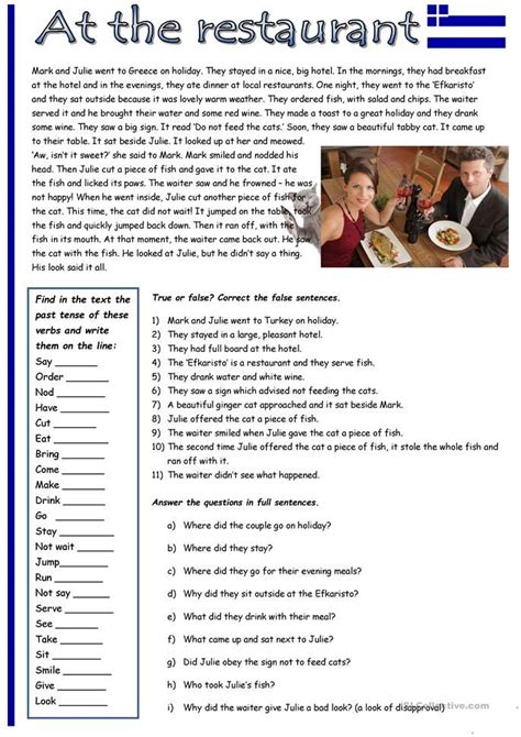 simple tense practice   restaurant english esl worksheets