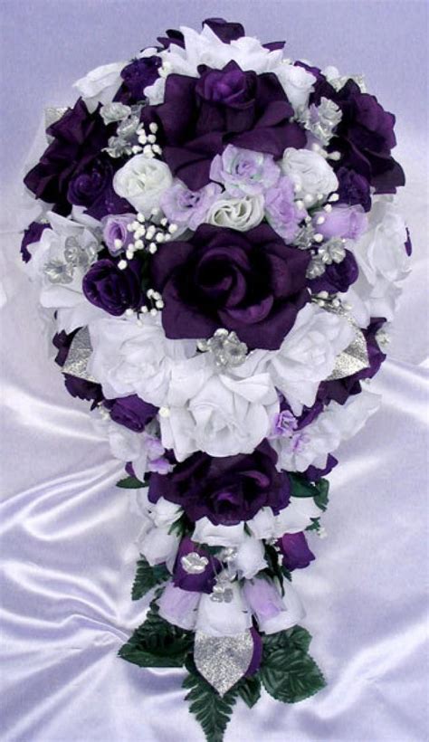 free shipping 21 pcs wedding silk flower bouquet bridal package purple silver white plum cascade