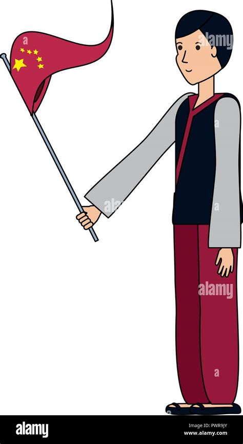 Chinese Man With Traditional Costume And Flag Vector Illustration
