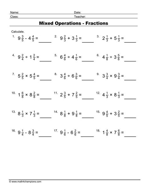 Operations With Fractions And Mixed Numbers Worksheet Pdf