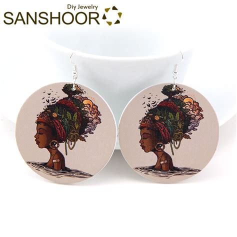 Sanshoor Printed African Blacks Queen Wood Drop Earrings Afrocentric