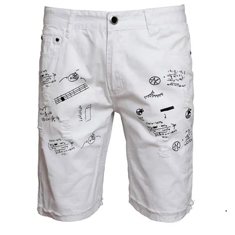 Mens Summer White Short Jeans Men Cotton Holes Denim Shorts New Fashion Men Elastic Printing