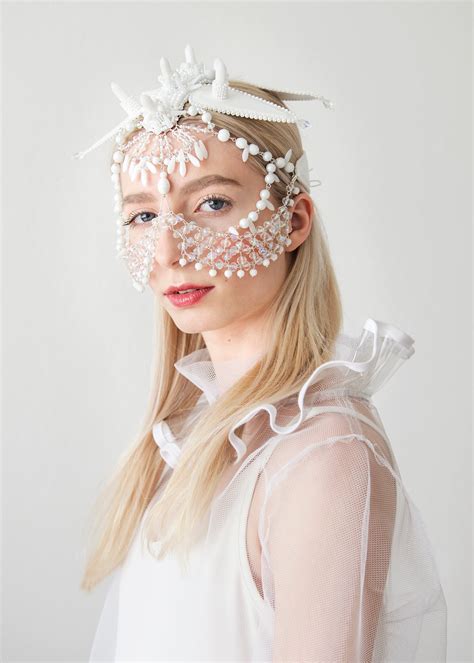White Beaded Face Veil Headpiece Drag Queen Costume Mask Etsy
