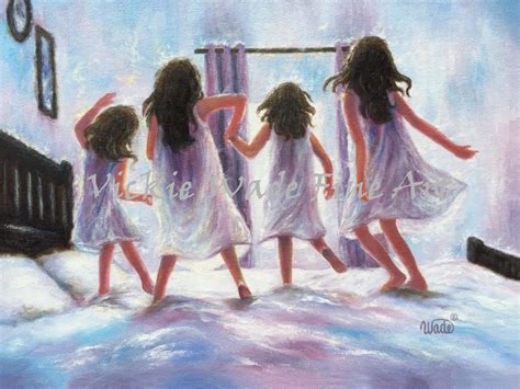 Four Sisters Jumping On The Bed Art Print Four Girls Four Etsy