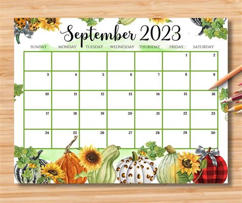 Editable September 2023 Calendar Beautiful Fall Autumn With Etsy