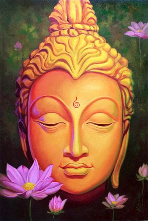 Buy Lord Buddha Meditating Face With Pink Flowers Canvas Wall Painting