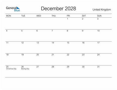 Printable December 2028 Monthly Calendar With Holidays For United Kingdom
