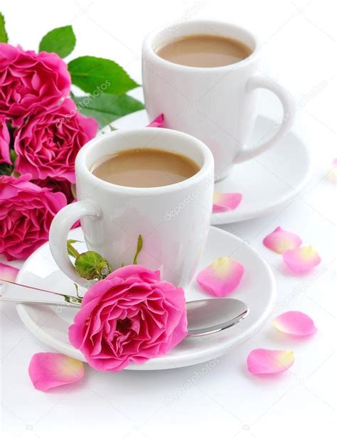 Two Cups Of Coffee And Pink Roses On White Background Stock Photo By