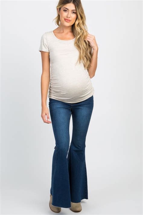 Navy Blue Raw Hem Maternity Flare Jeans Maternity Clothes Stylish Maternity Outfits Trendy