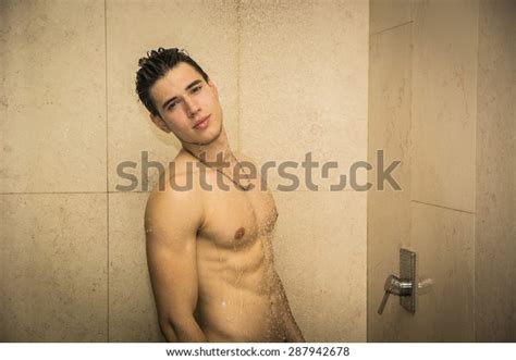 Close Up Attractive Young Bare Muscular Young Man Taking Shower