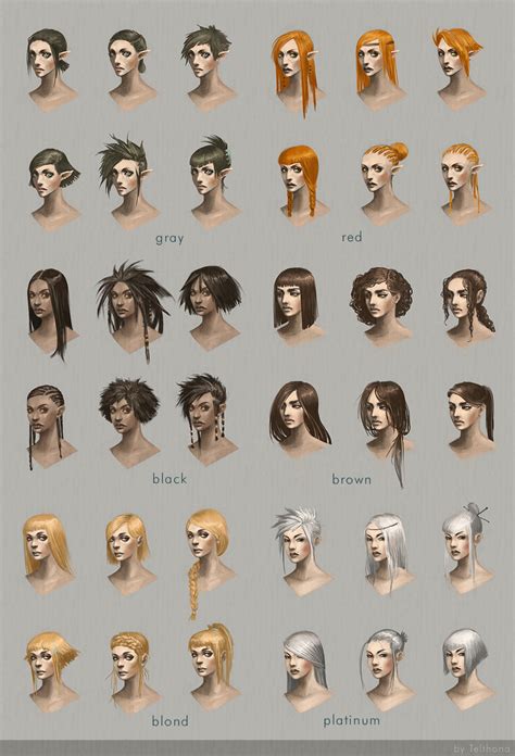 Each style is showcased on a quick face gesture drawing. Hairstyle concept art by telthona on DeviantArt