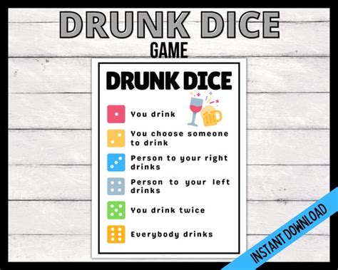 Drunk Dice Drinking Game Beer Olympics Game Printable Drinking Game