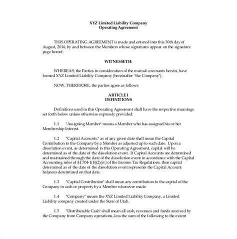 operating agreement template   word  document