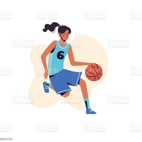 Illustration In A Flat Style With A Girl Kicking A Ball The Woman Plays Basketball Vector