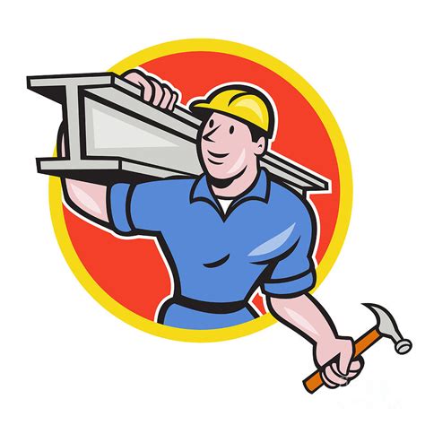 Construction Steel Worker Carry I Beam Circle Cartoon Digital Art By