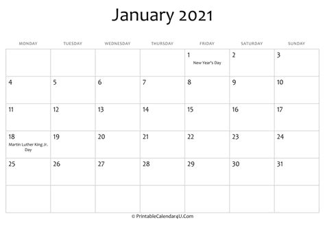 2021 yearly calendar template word & editable pdf. January 2021 Editable Calendar with Holidays