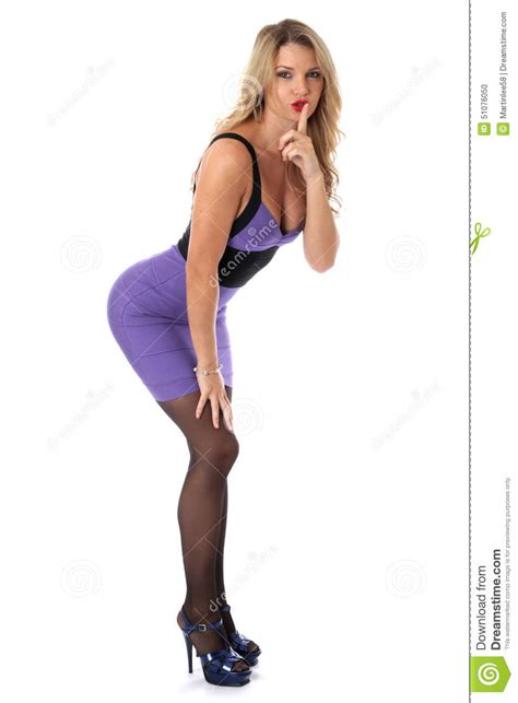 Young Woman Wearing Tight Purple Short Mini Dress High